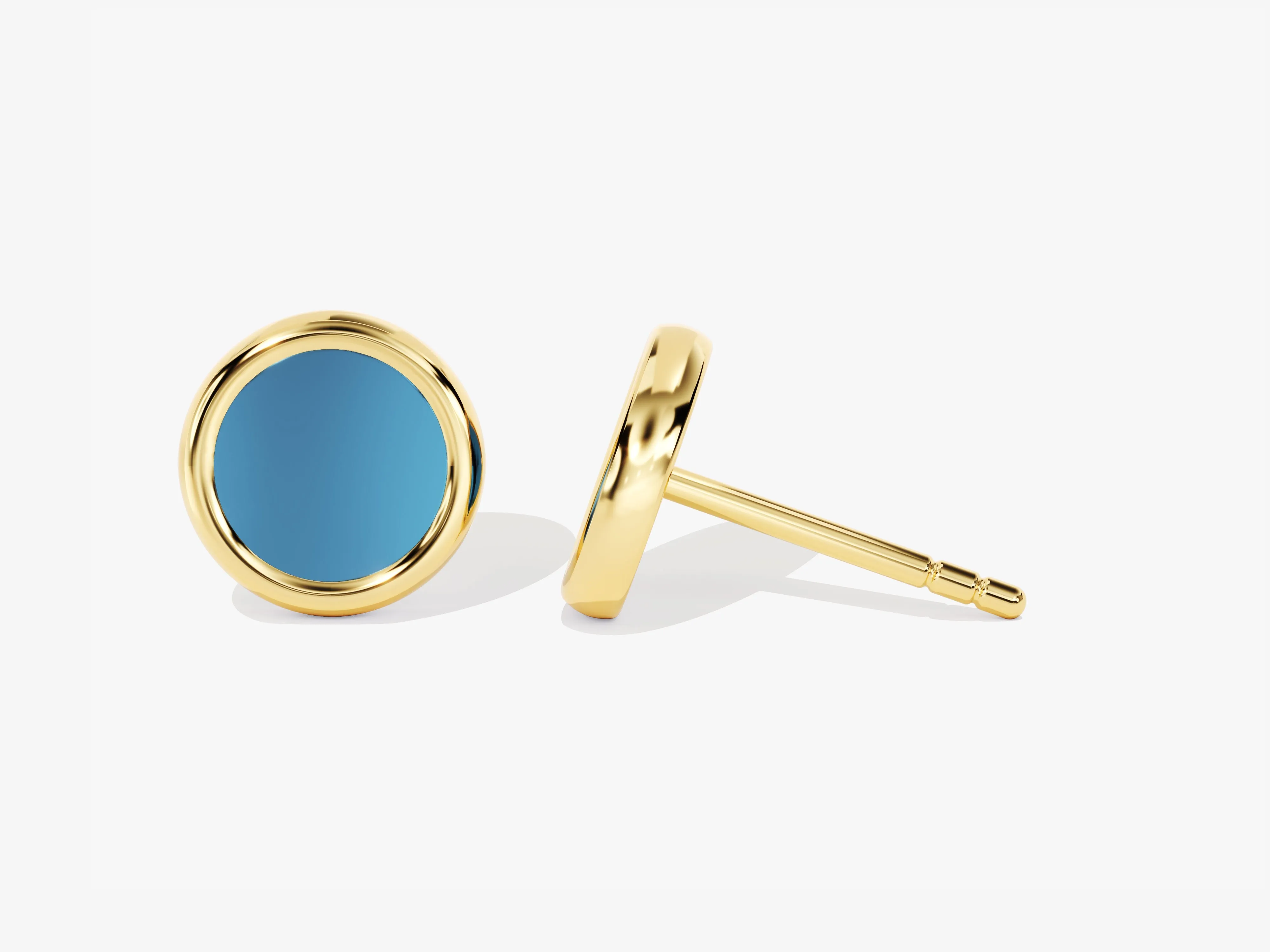 14k Gold Turquoise Enamel Round Stud Earrings