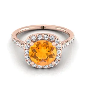 14K Rose Gold Round Brilliant Citrine Simple Prong Set Halo Engagement Ring -1/3ctw