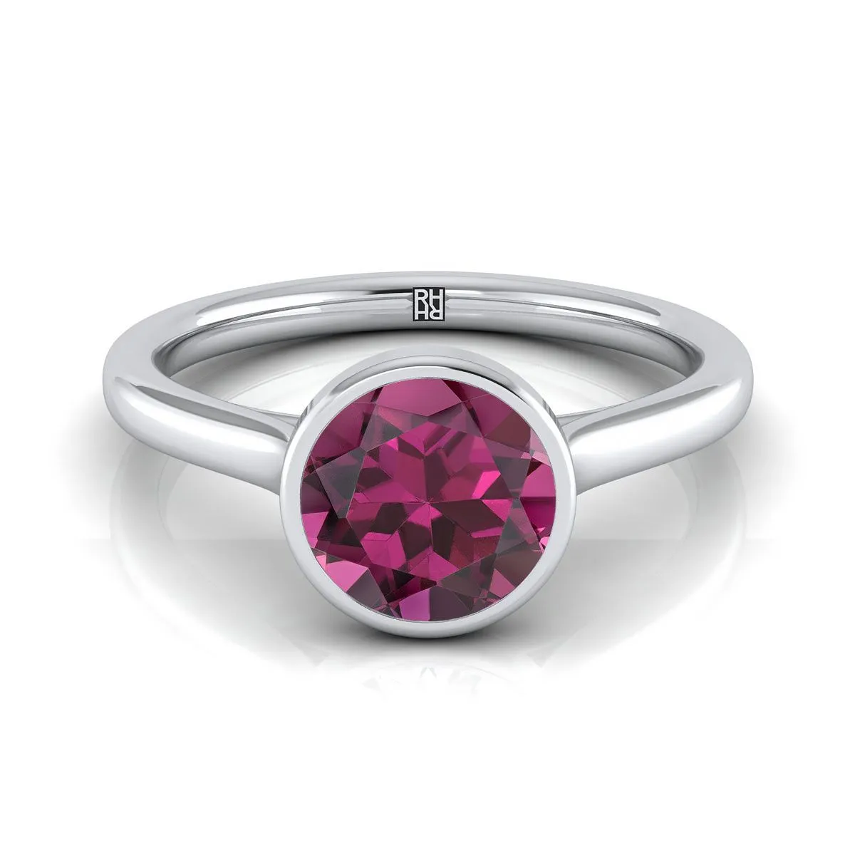 14K White Gold Round Brilliant Garnet Simple Bezel Solitaire Engagement Ring