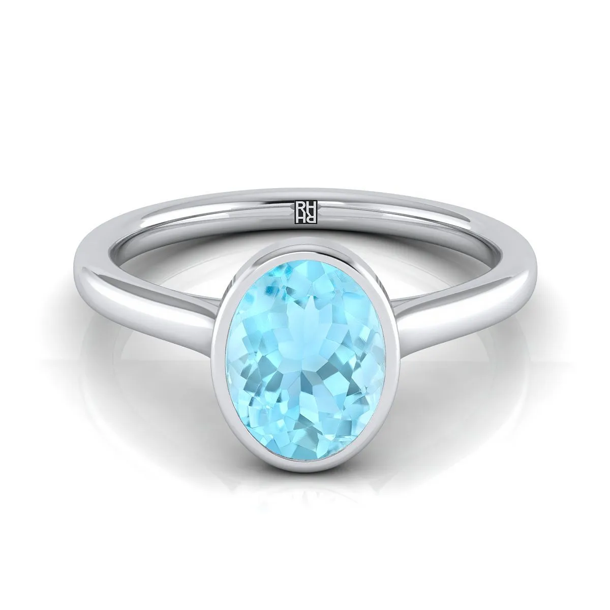 18K White Gold Oval Aquamarine Simple Bezel Solitaire Engagement Ring