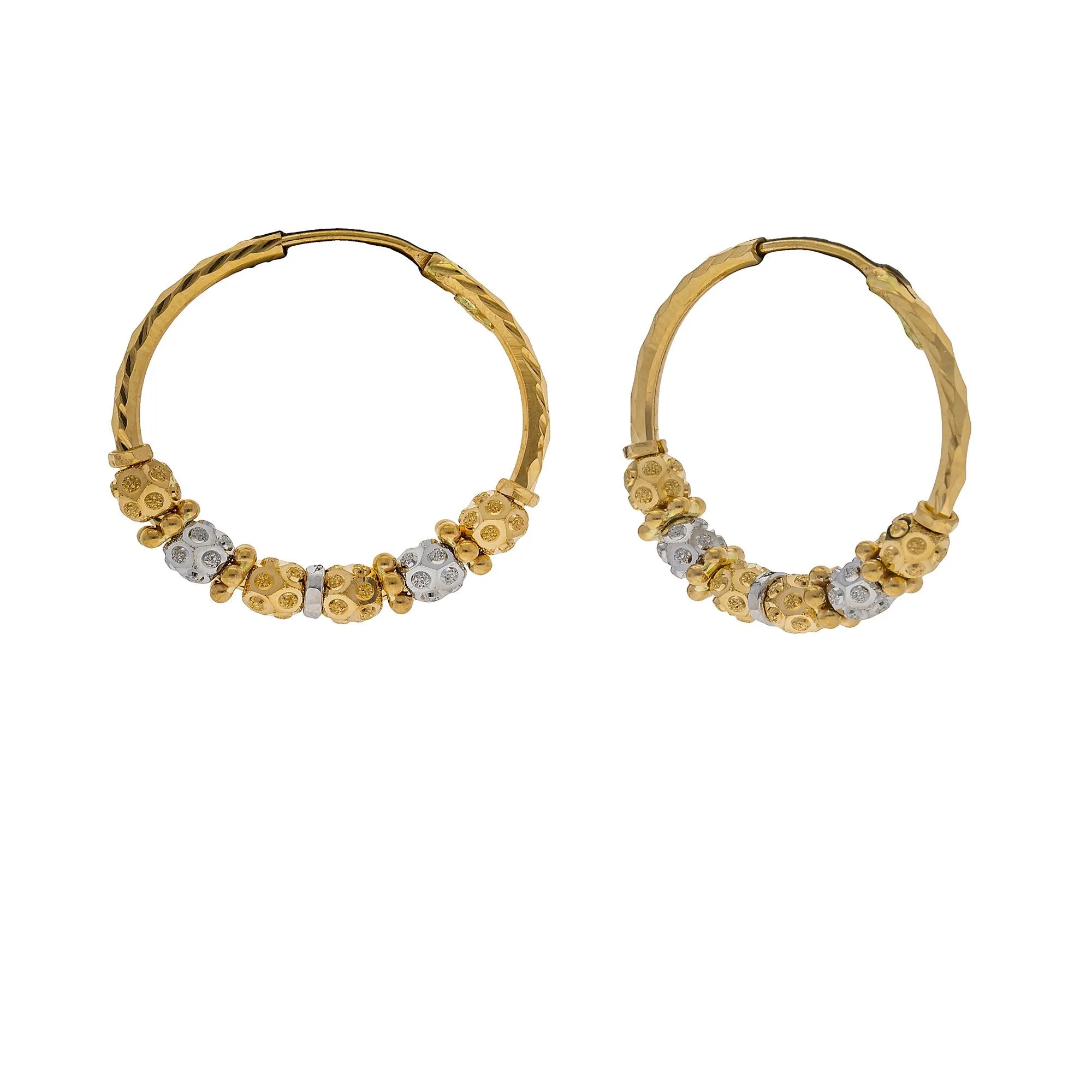 22K Multi Tone Hoop Earrings W/ Gold Shambala Beads, 6.7 Grams