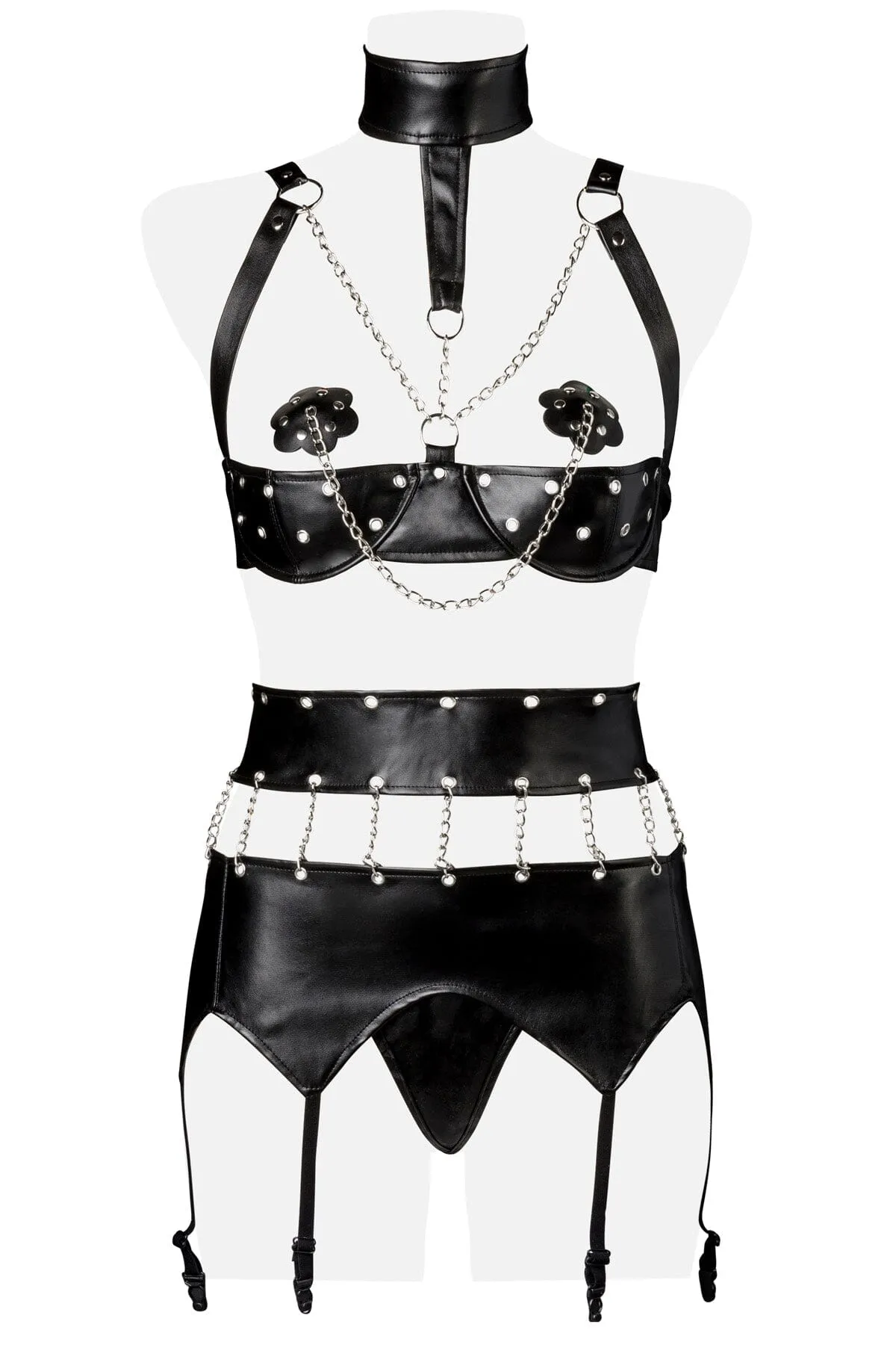 3 Piece Suspender Straps W/Chains And Choker Bra Set