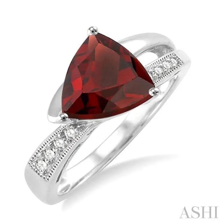 8x8mm Trillion Cut Garnet and 1/20 Ctw Single Cut Diamond Ring in 10K White Gold