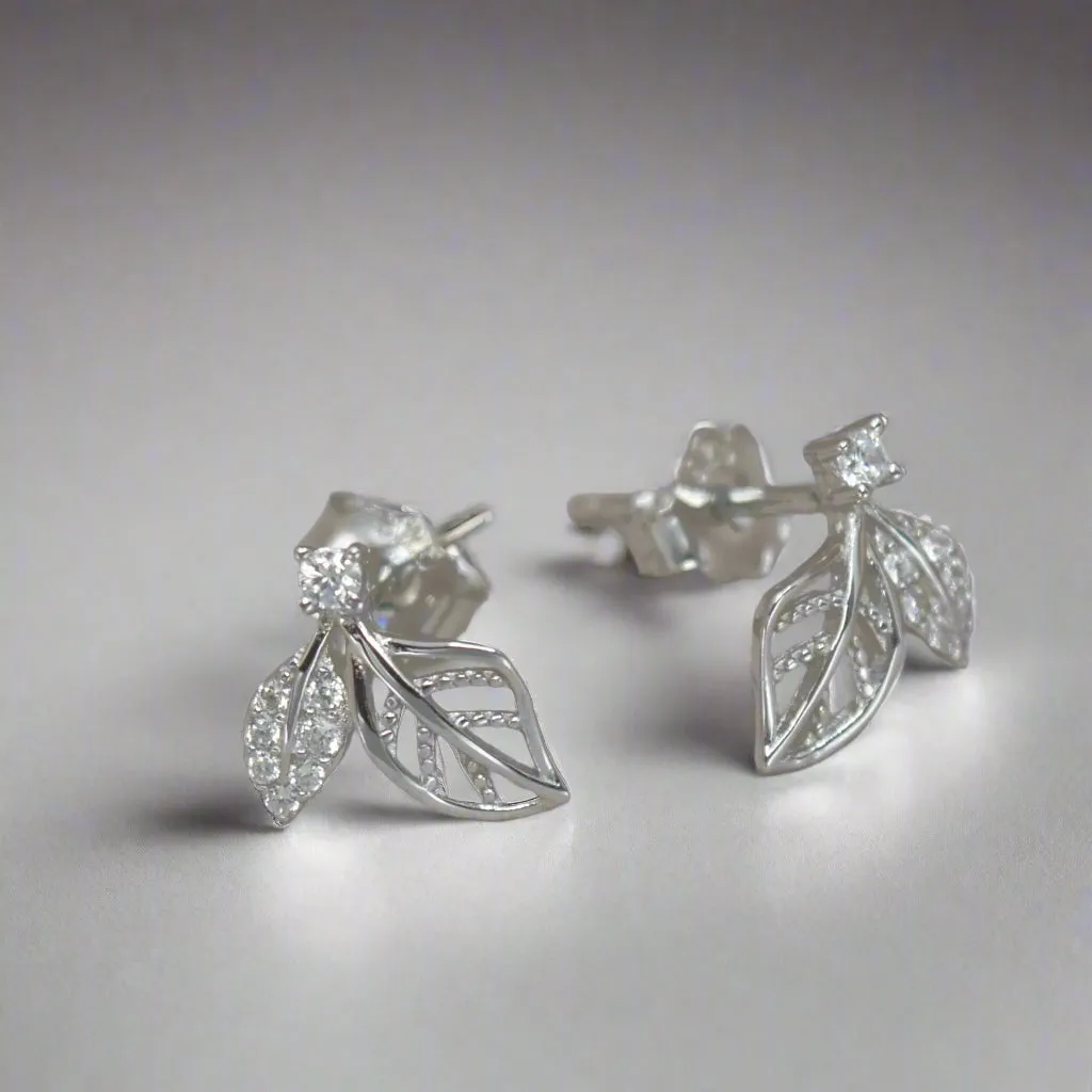 925 Silver Delicate Leaf Stud Earrings