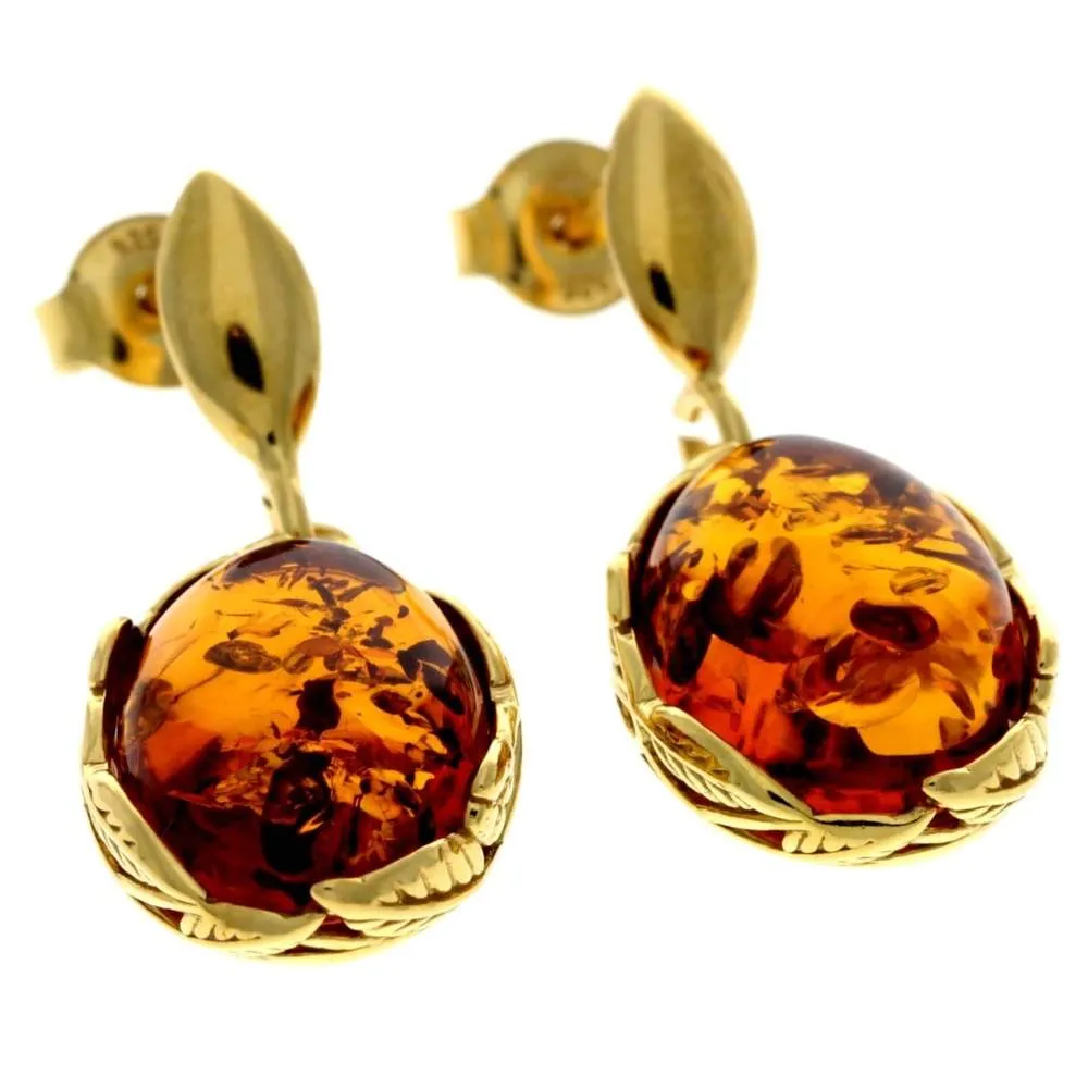 925 Sterling Silver 22 Carat Gold Plated with Genuine Baltic Amber Drop Earrings - MG003