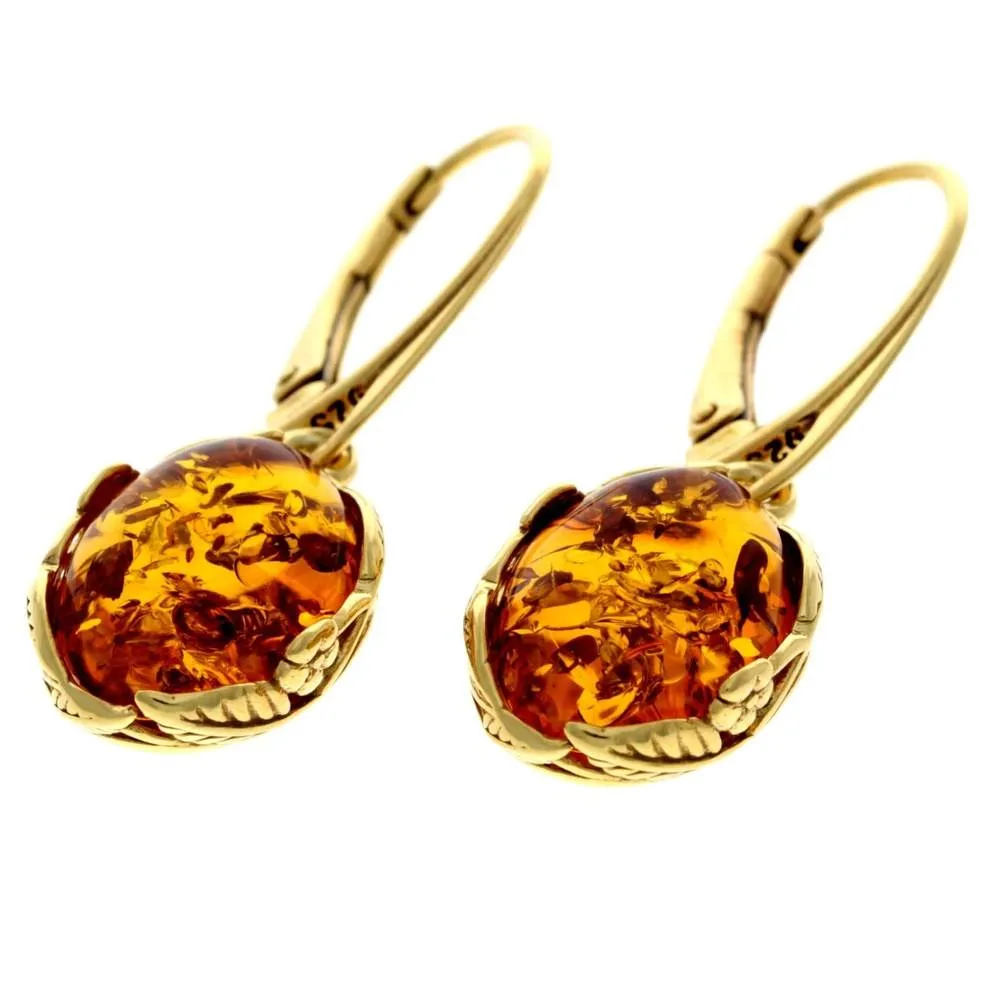 925 Sterling Silver 22 Carat Gold Plated with Genuine Baltic Amber Drop Earrings - MG003