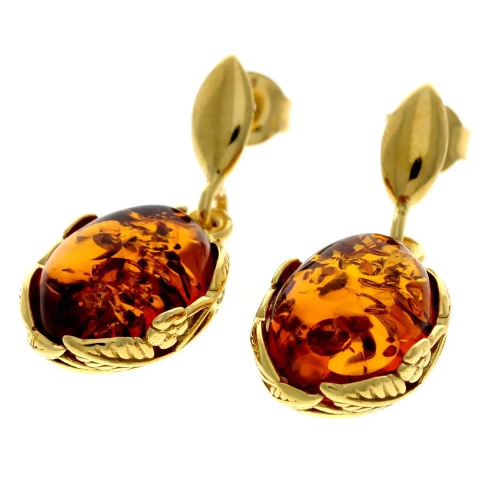 925 Sterling Silver 22 Carat Gold Plated with Genuine Baltic Amber Drop Earrings - MG003