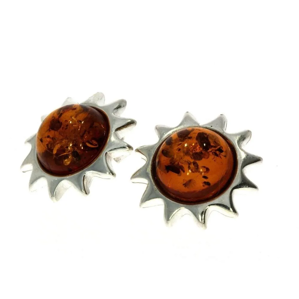 925 Sterling Silver & Genuine Baltic Amber Classic Suns Studs Earrings - 5205