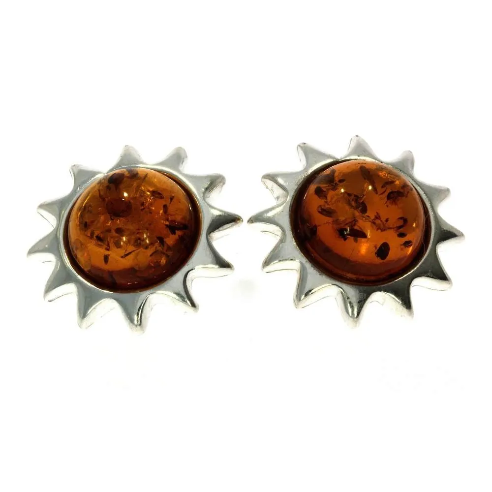 925 Sterling Silver & Genuine Baltic Amber Classic Suns Studs Earrings - 5205