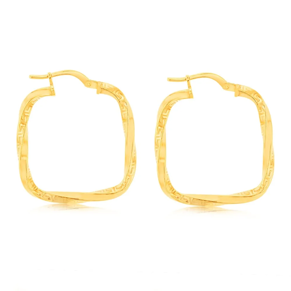 9ct Yellow Gold Silverfilled Fancy Greek Key Square Twisted Hoop Earrings