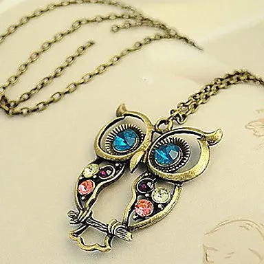 Antique Copper Alloy Zircon Owl Pattern Necklace