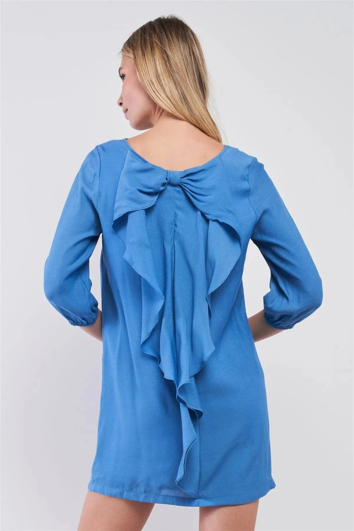 Azure Blue Balloon Sleeve Bow Back Detail Straight-Cut Loose Mini Dress /1-2-2-1