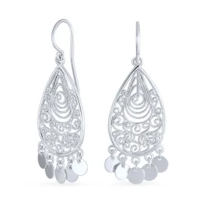 Boho Moroccan Tear Shape Dangle Gemstone Earrings with Coins  Sterling Silver