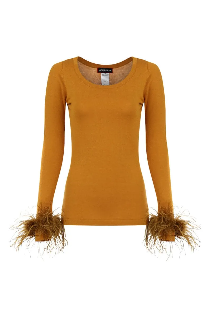 CAMEL KNIT TOP WITH DETACHABLE FEATHER CUFFS