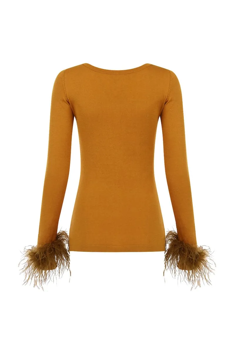 CAMEL KNIT TOP WITH DETACHABLE FEATHER CUFFS