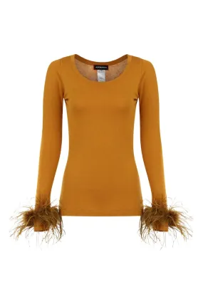 CAMEL KNIT TOP WITH DETACHABLE FEATHER CUFFS