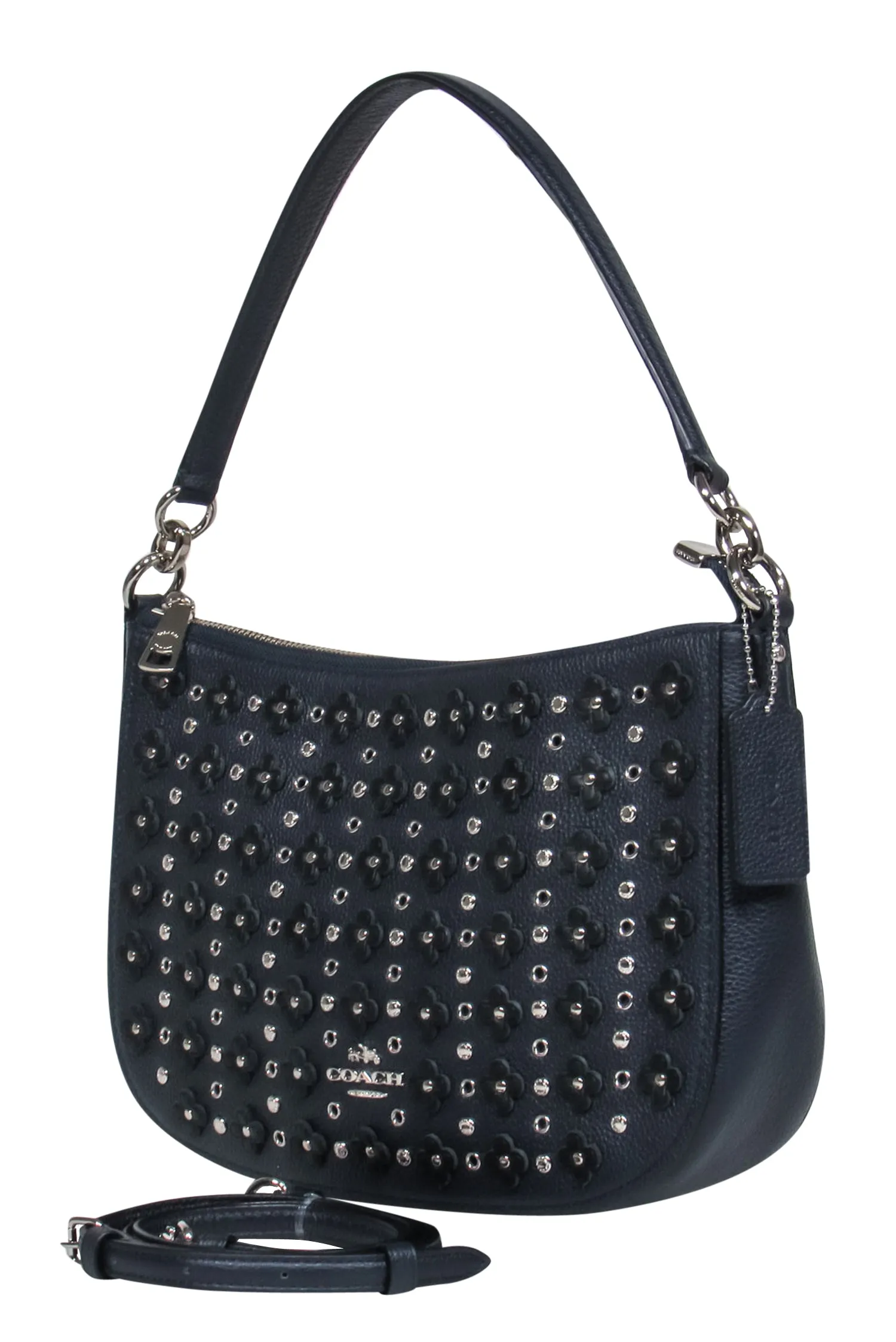 Coach - Navy Pebbled Leather Convertible Crossbody w/ Studs, Grommets & Floral Appliques