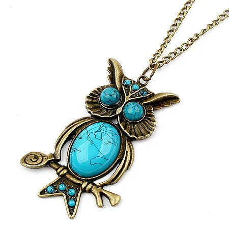 Cute Vintage Owl Blue Gem Necklace