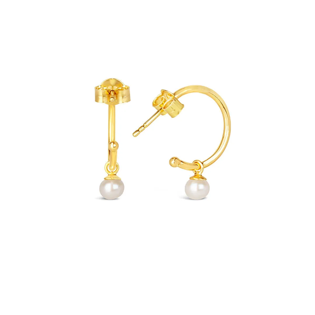 Dainty Pearl Drop Hoop Earrings | Ivory - Gold