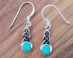 Delicate Celtic Turquoise Enamel Dangle Earrings, 925 Sterling Silver TE3