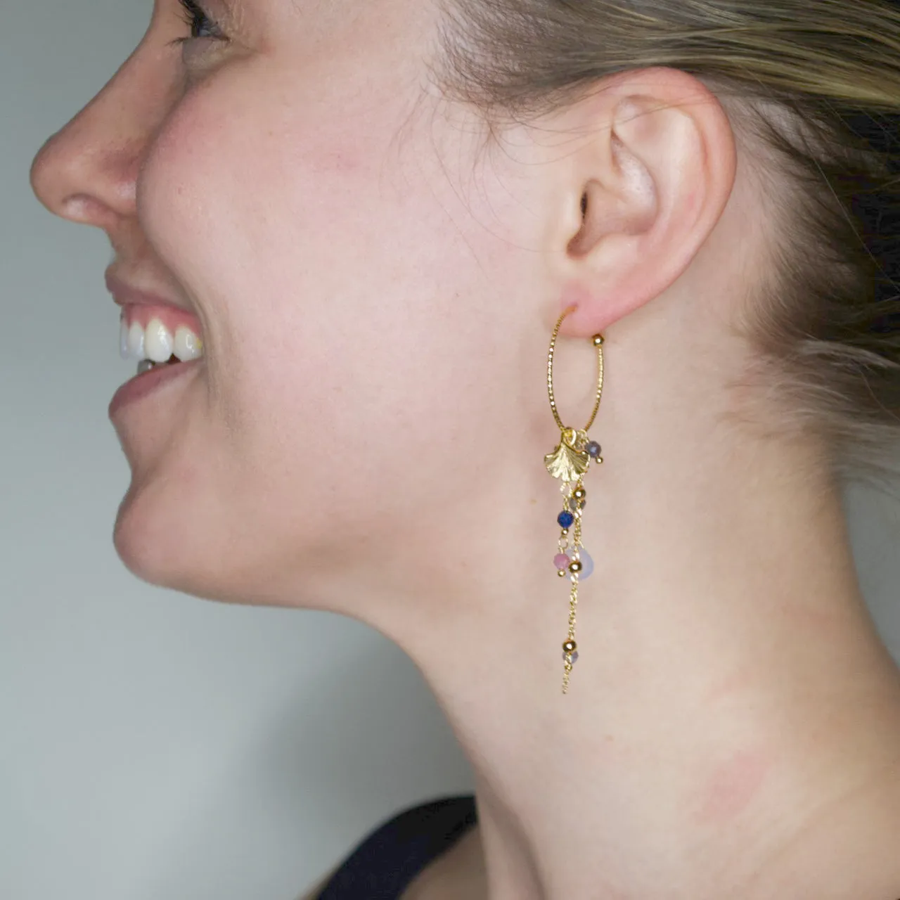 Delicate Topaz Gingko Leaf Hoop Earrings