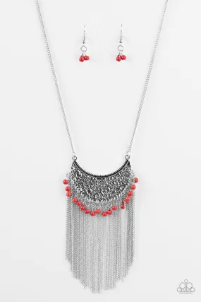 Desert Dancer Long Red and Silver Fringe Necklace - Paparazzi Accessories