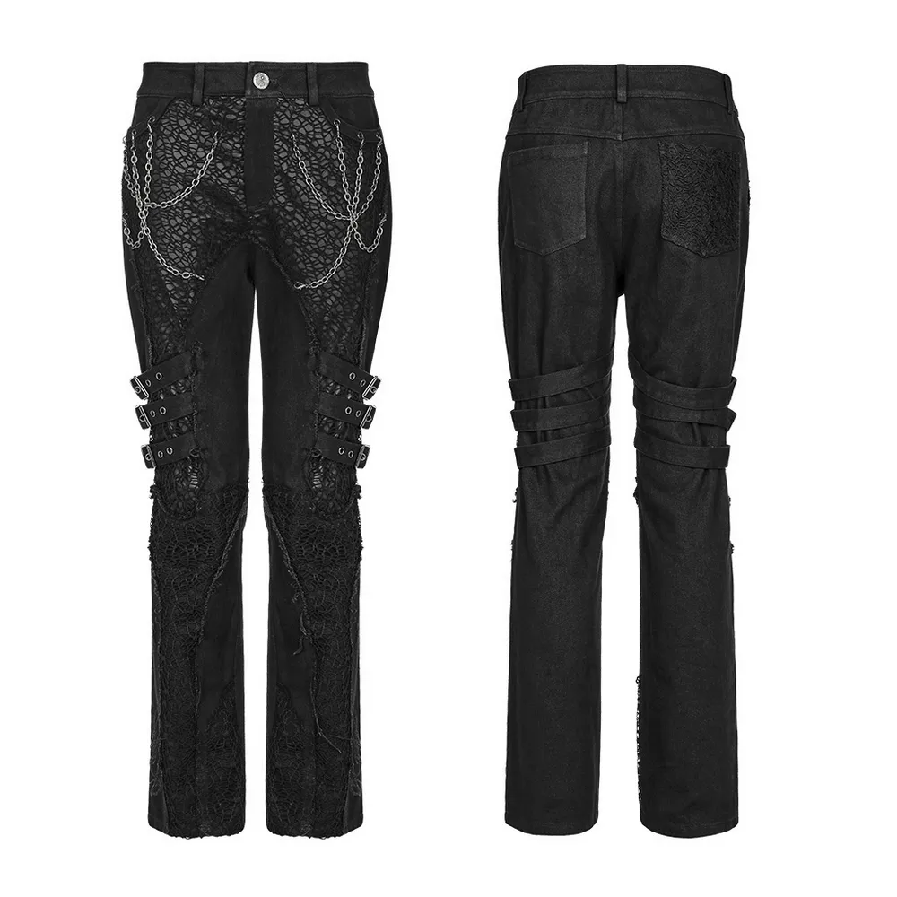 Edgy Gothic Black Trousers With Buckles And Chains Accent