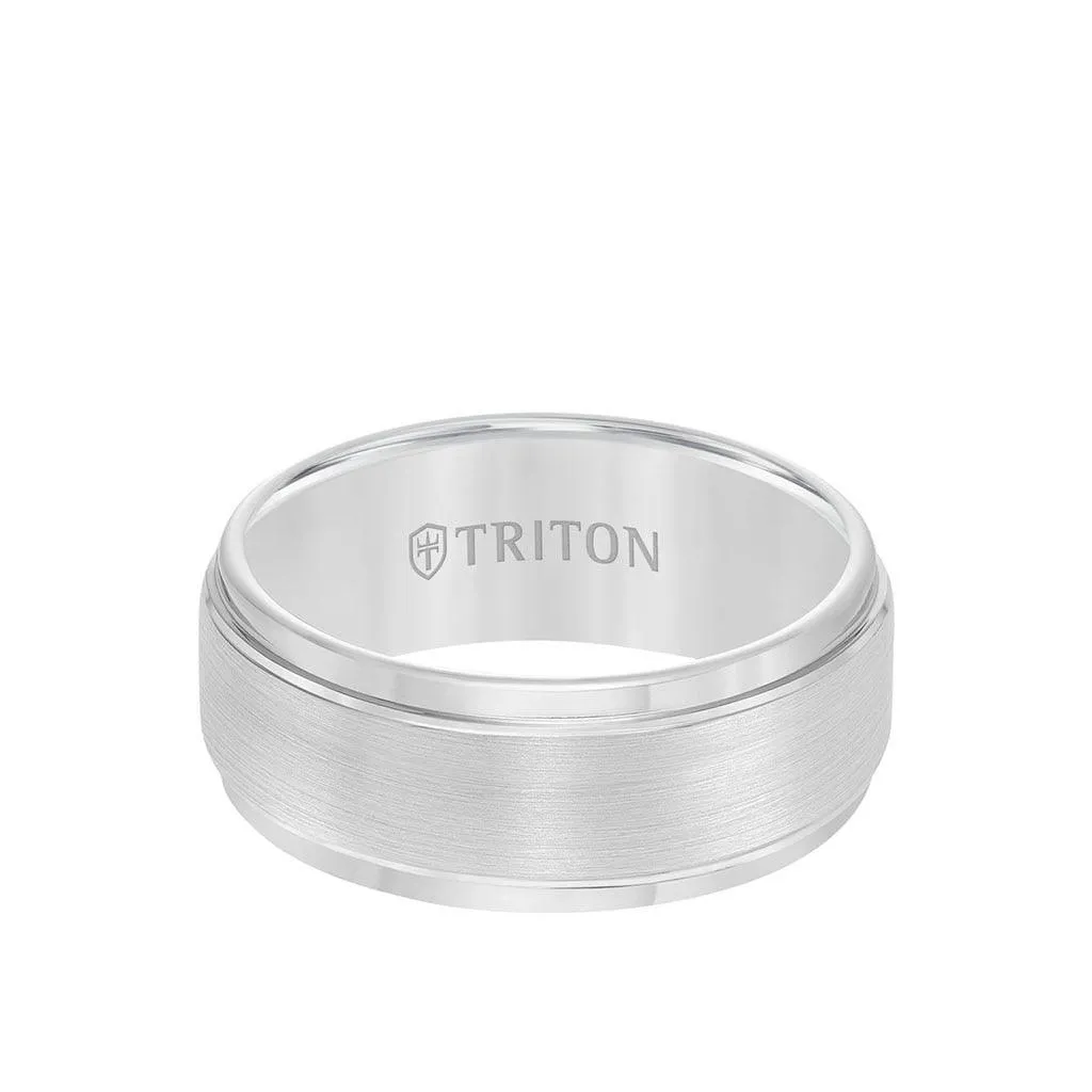 EDWARD Raised Brush Finished Center White Tungsten Carbide Comfort Fit Band with Polished Step Edges by Triton Rings - 9 mm