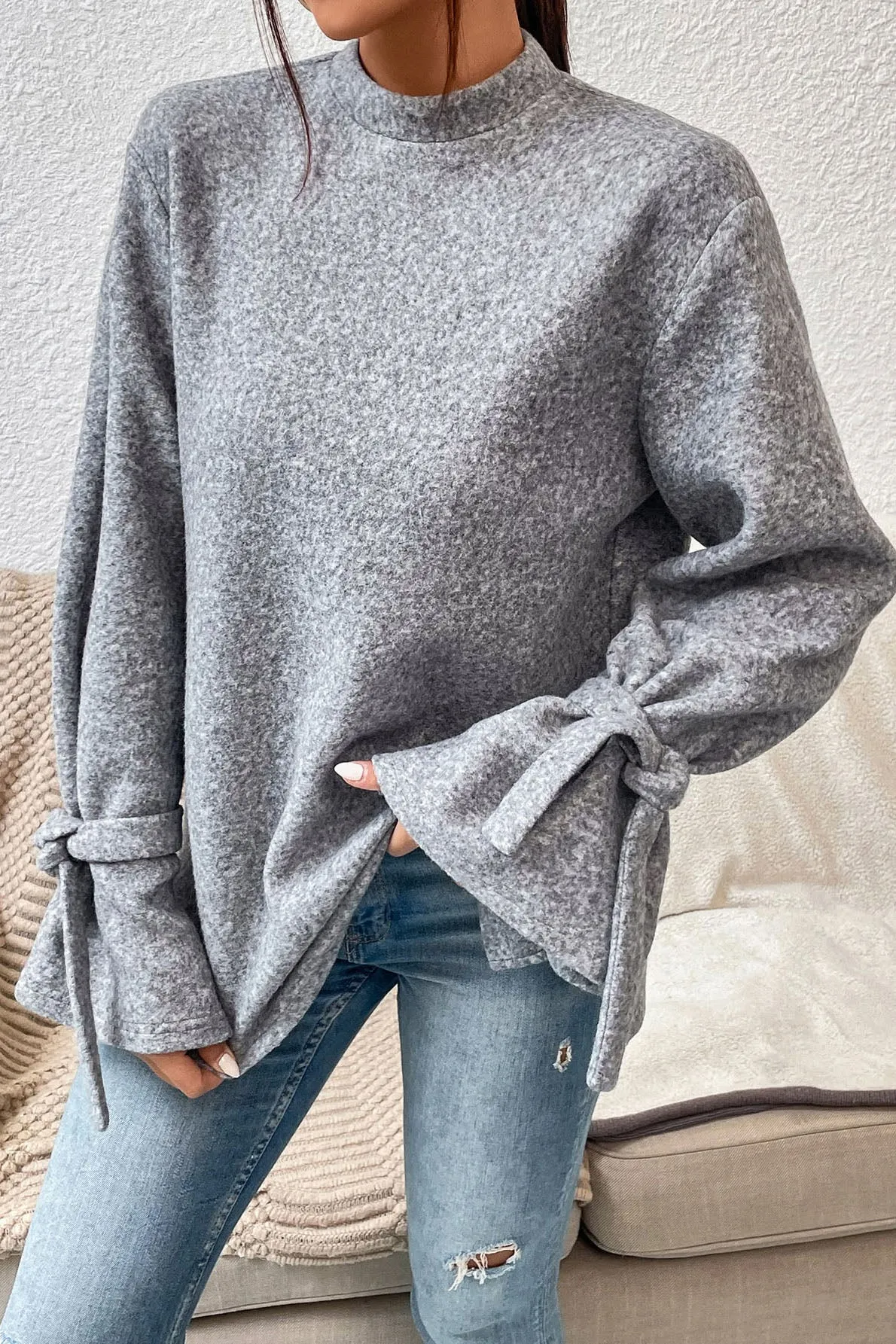 elveswallet Chic Cuffs Turtleneck Gray Top