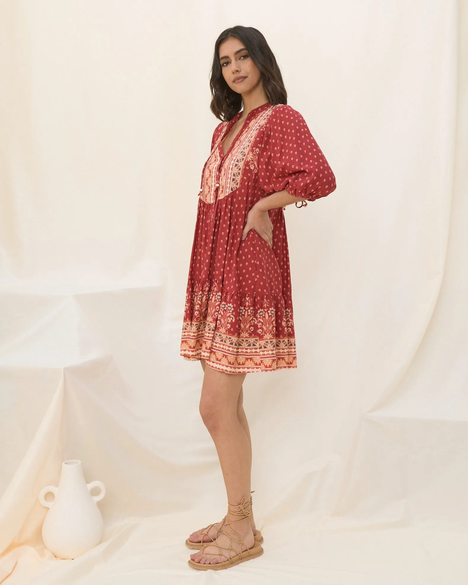 Ember Red Boho Button Down Mini Dress