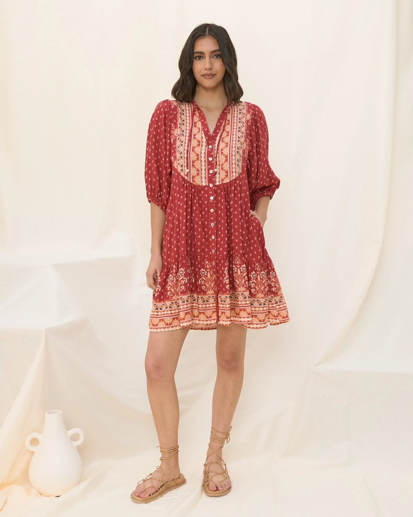 Ember Red Boho Button Down Mini Dress