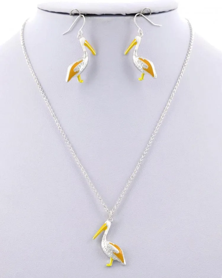 Enamel Pelican Pendant Necklace & Earring Set