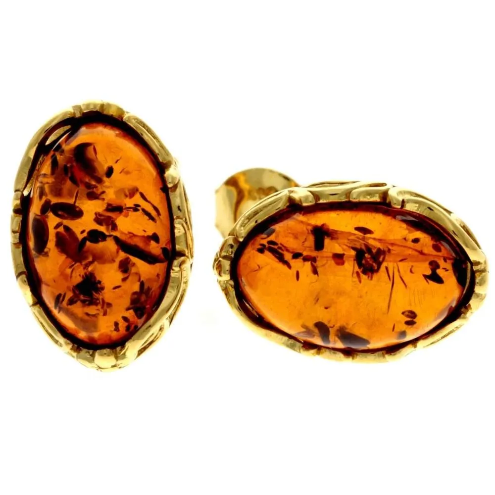 Genuine Baltic Amber and 925 Sterling Silver Gold Plated with 1 micron of 22 carat gold Studs Earrings - MG011