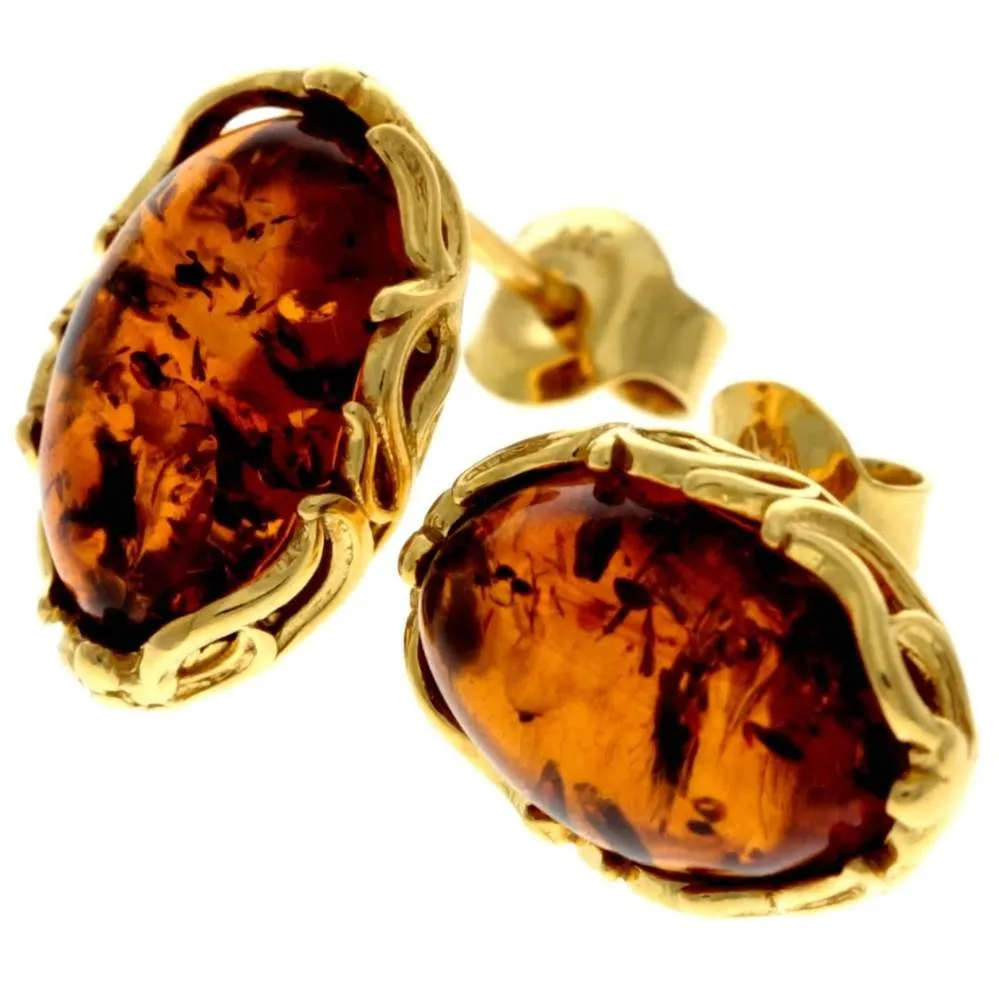 Genuine Baltic Amber and 925 Sterling Silver Gold Plated with 1 micron of 22 carat gold Studs Earrings - MG011