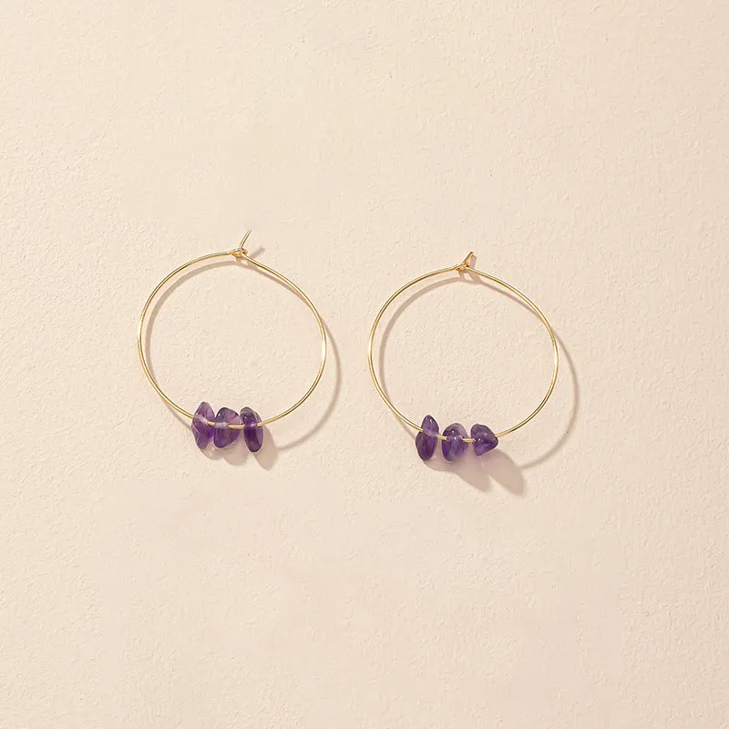 Gold Hoop Earrings with Amethyst Stone Beads jlt11802