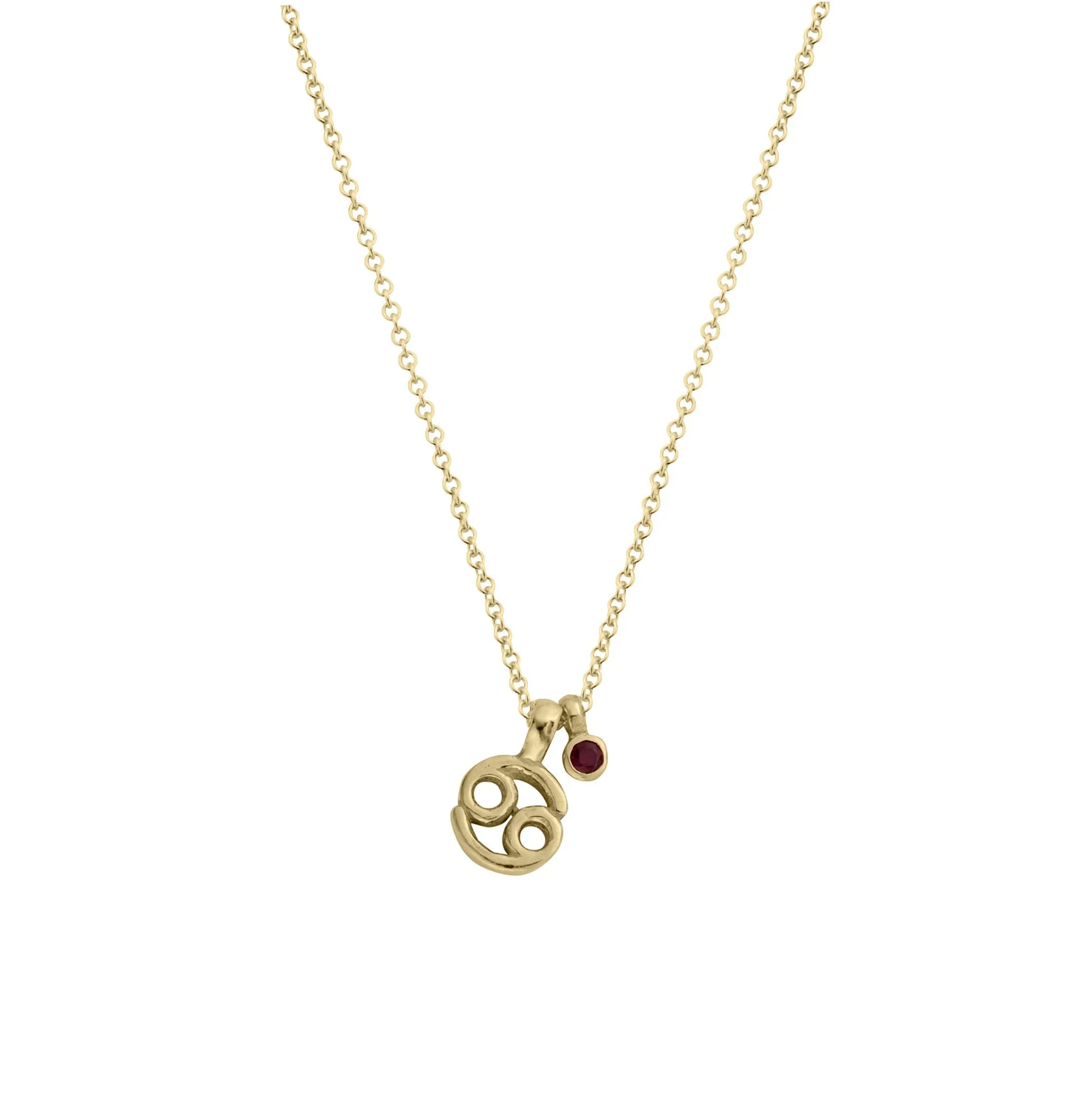 Gold Mini Cancer Horoscope & Ruby Birthstone Necklace