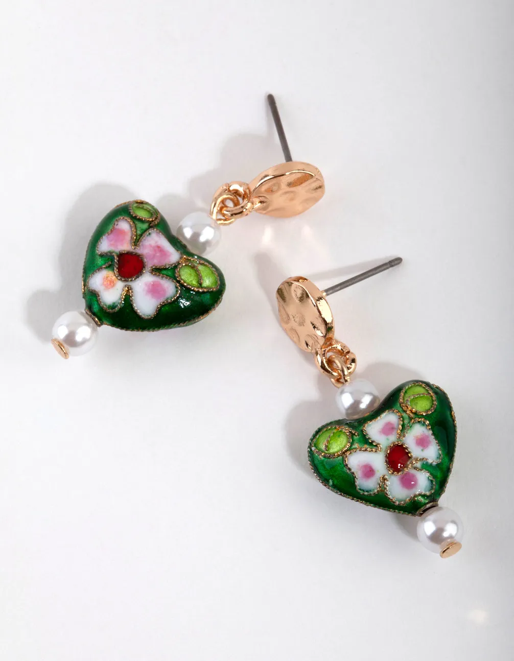 Green Cloisonne Heart Drop Earrings