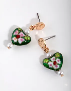 Green Cloisonne Heart Drop Earrings