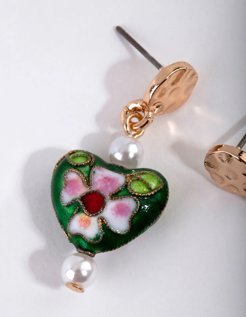 Green Cloisonne Heart Drop Earrings