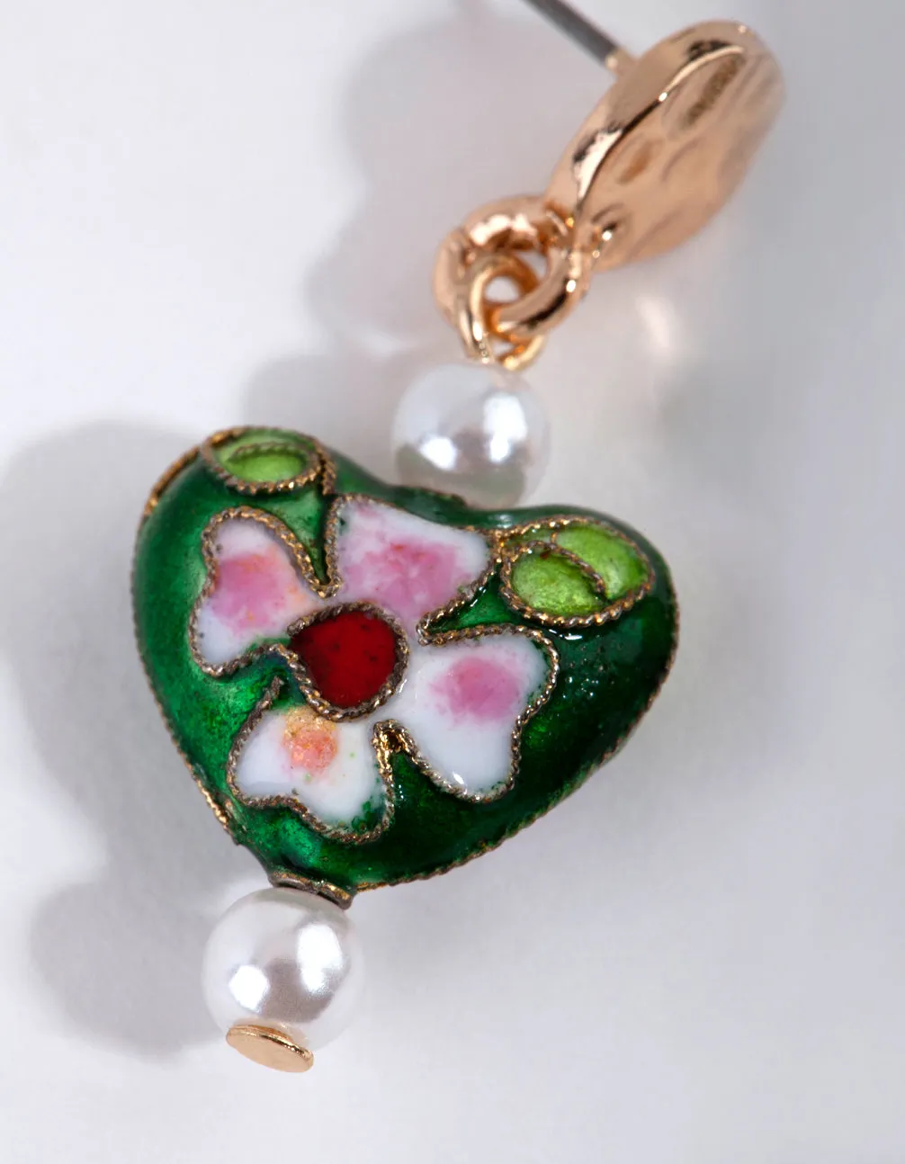 Green Cloisonne Heart Drop Earrings