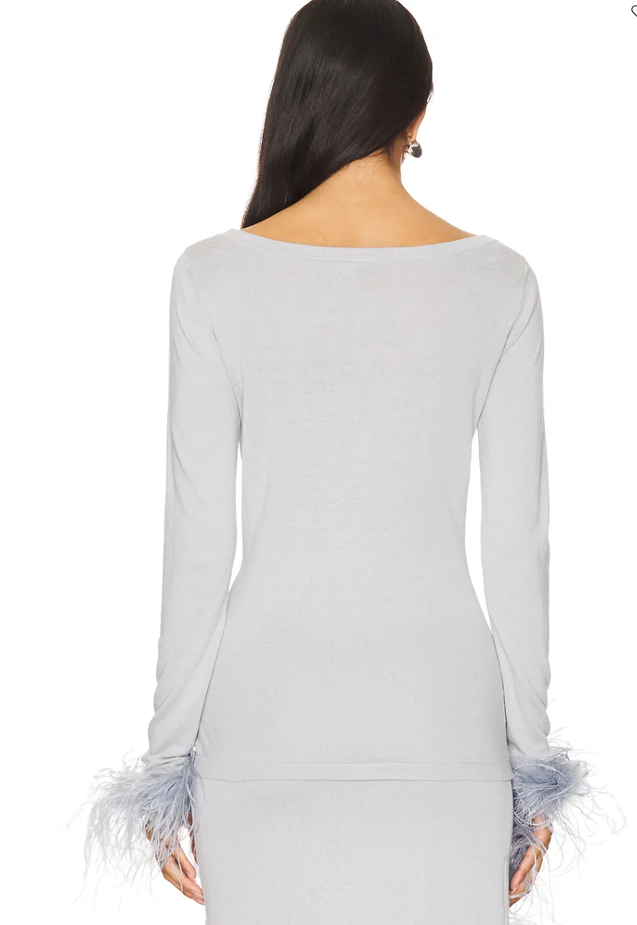 Grey Knit Top With Detachable Feather Cuffs