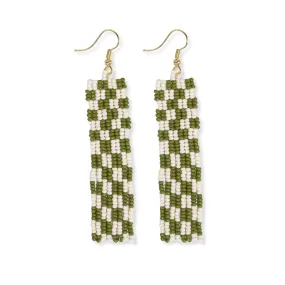 Harriet Woven Top Gingham Beaded Fringe Earrings Avocado