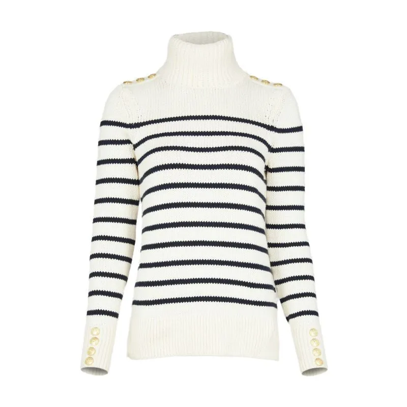 Holland Cooper Henley Striped Ladies Roll Neck Jumper - Natural/Ink Navy