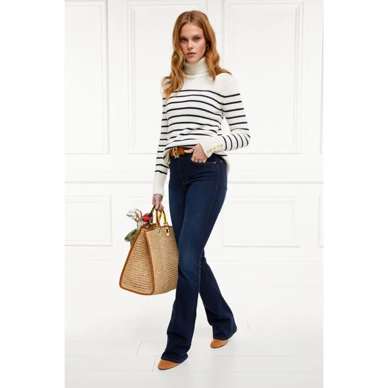 Holland Cooper Henley Striped Ladies Roll Neck Jumper - Natural/Ink Navy