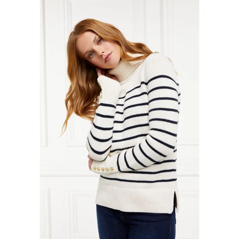 Holland Cooper Henley Striped Ladies Roll Neck Jumper - Natural/Ink Navy