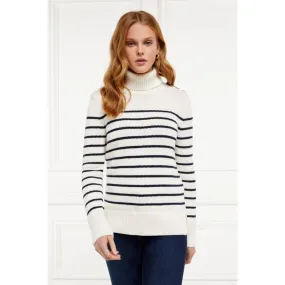 Holland Cooper Henley Striped Ladies Roll Neck Jumper - Natural/Ink Navy