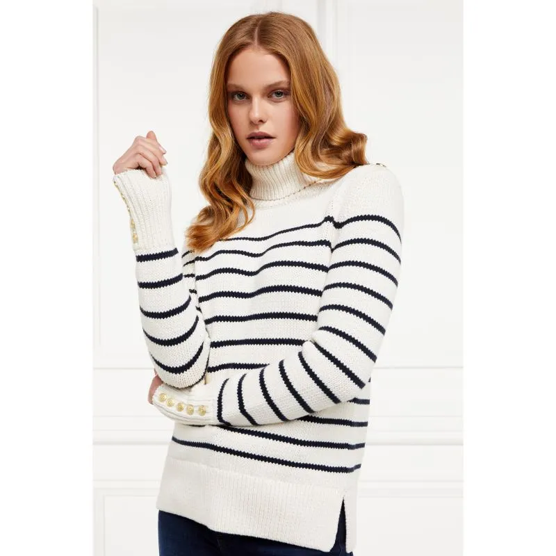 Holland Cooper Henley Striped Ladies Roll Neck Jumper - Natural/Ink Navy