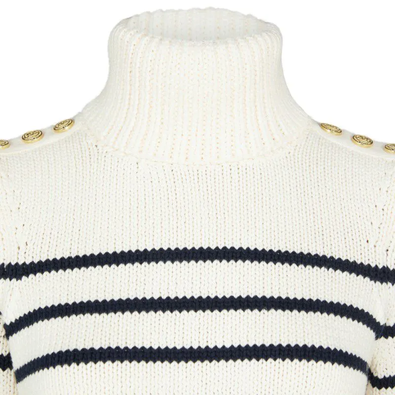 Holland Cooper Henley Striped Ladies Roll Neck Jumper - Natural/Ink Navy