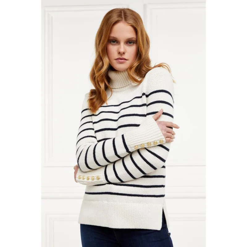 Holland Cooper Henley Striped Ladies Roll Neck Jumper - Natural/Ink Navy