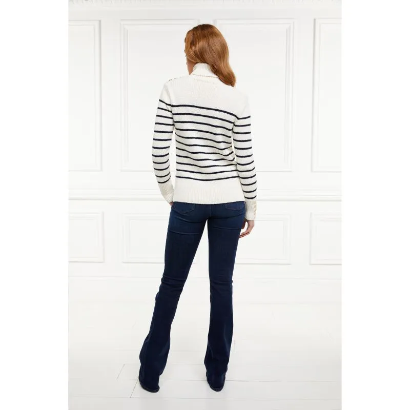 Holland Cooper Henley Striped Ladies Roll Neck Jumper - Natural/Ink Navy